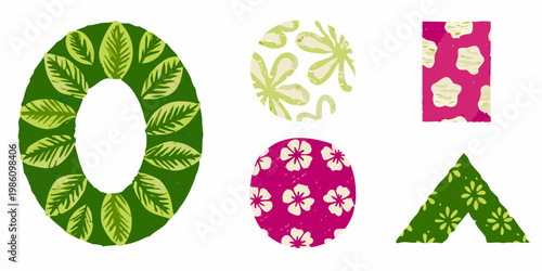 Floral and leafy shapes resembling numbers and geometric forms