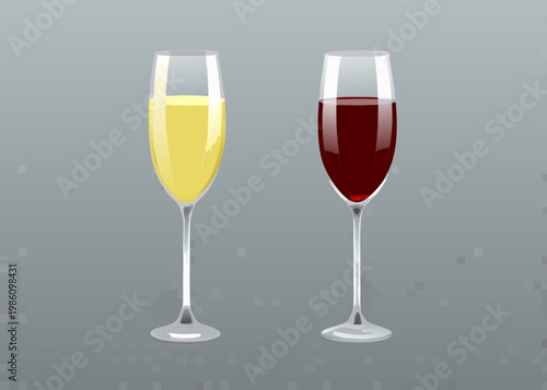 Two champagne flutes filled with different colored alcoholic beverages