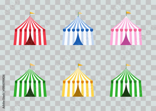 Colorful striped circus tents arranged on a transparent background