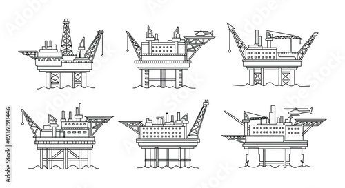 Line art illustration depicting several offshore oil and gas platforms