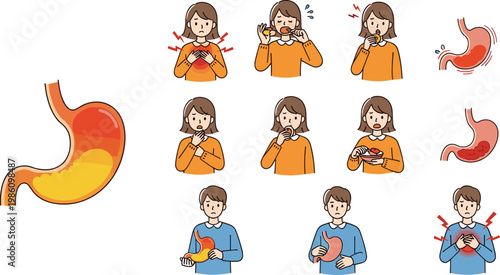 Stomach Pain and Discomfort Vector Set Featuring People with Heartburn, Indigestion, and Symptoms for Health, Medical, and Wellness Designs