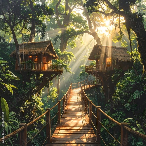 A serene forest scene with treehouses and a wooden bridge