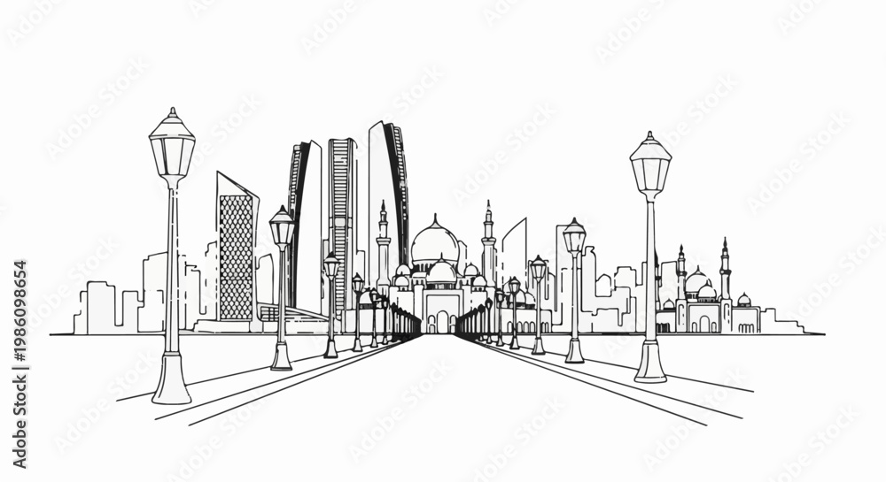 Obraz premium Artistic line drawing of a city skyline with a mosque and modern skyscrapers