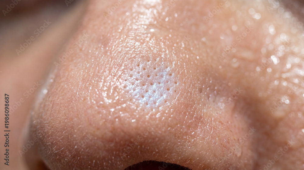 Fototapeta premium Close up oily nose skin pore hydration inside pores natural texture healthy shine human face detail macro photography skincare concept realistic surface moisture facial care clear complexion