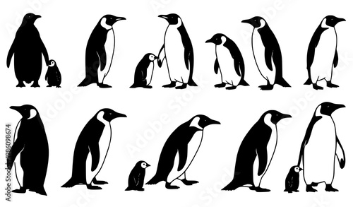 Penguin icon set vector black silhouette birds isolated on white