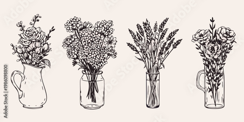 Delicate floral arrangements in vases a black and white sketch illustration