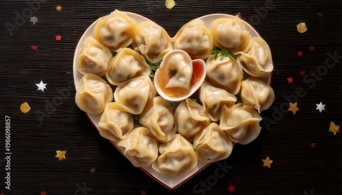 Heart-shaped plate of dumplings with dipping sauce for Valentines Day.