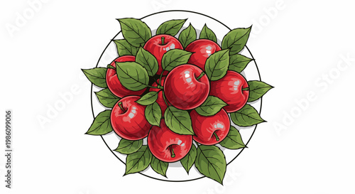 A circular arrangement of ripe red apples nestled amongst lush green leaves