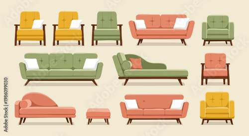 Mid-century modern furniture set with 11 vector icons, retro sofa and armchair collection, vintage living room seating in pastel colors