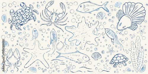 A whimsical blue line drawing depicts various sea creatures and plants