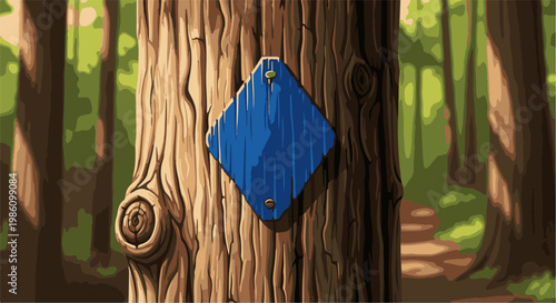 A blue diamond-shaped sign is nailed to a textured tree trunk in a forest