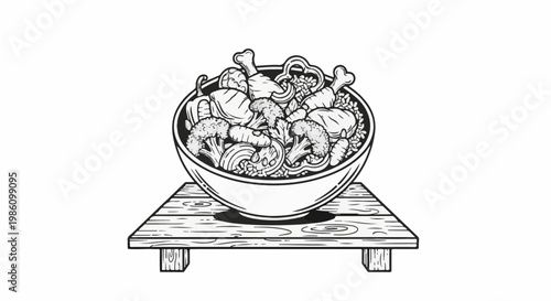 A black and white illustration of a large bowl filled with food, served on a wooden stand
