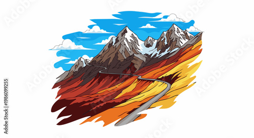 Winding road ascends through fiery mountain slopes under blue sky