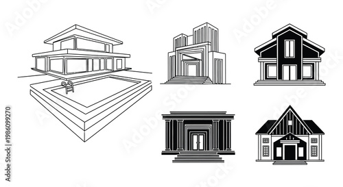Architectural sketches of modern houses with geometric designs and flat roofs