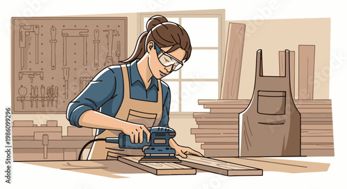 Woman using power sander on wood planks in a workshop