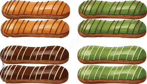 Delicious Eclair Set with Chocolate, Green Tea, and Orange Coatings for Bakery, Dessert, and Confectionery Designs