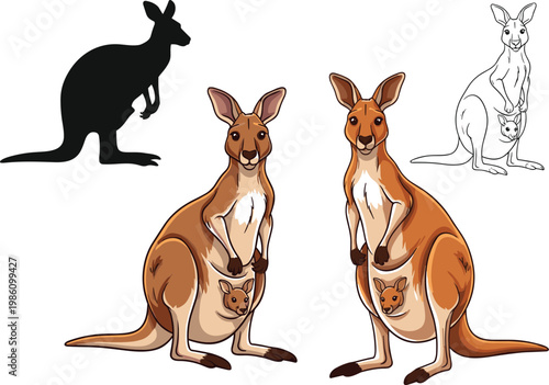 Kangaroo Vector Collection Featuring Adult and Baby Kangaroos in Various Poses for Wildlife, Nature, and Animal Designs