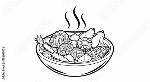 A delicious hot meal of hearty soup with meat and vegetables