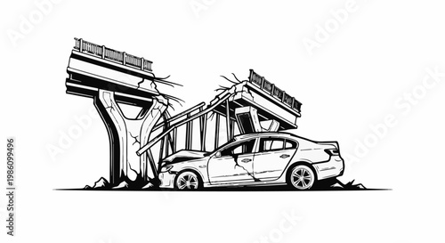 A damaged car sits beneath a collapsed overpass, illustrating destruction