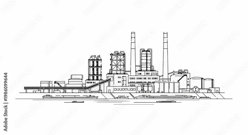 Naklejka premium Detailed line drawing of a large industrial complex with chimneys and silos by a waterway