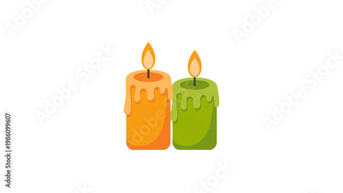 Two lit candles of different colors standing upright side by side Vector