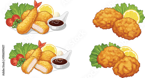 Fried Shrimp and Chicken Nugget Meal Illustration with Garnishes, Sauce, and Fresh Vegetables for Food, Restaurant, and Menu Designs