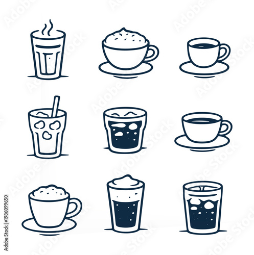 Coffee Drinks Icon Set – Hand Drawn Line Icons of Espresso, Latte, Cappuccino and Iced Coffee