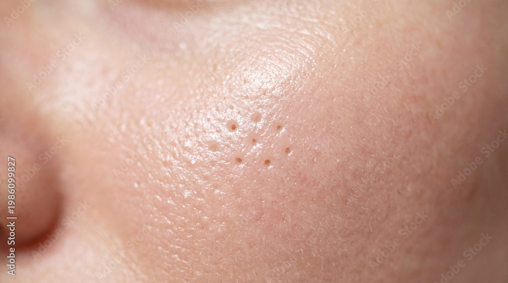 Fototapeta premium Large skin pores, oily texture, and natural shine on human cheek, showing detailed facial skin surface and healthy complexion in close up macro view