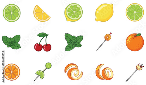 Garnish lime lemon mint cherry orange slice pick grid vector illustration web print menu icons