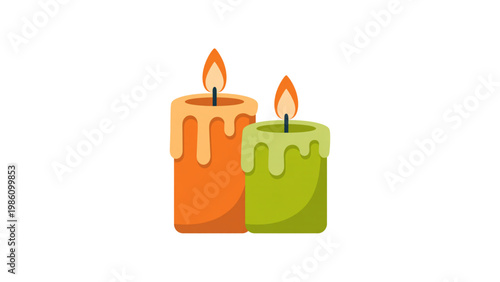Two colorful candles lit with orange and green flames beside each other Vector