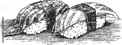 Two pieces of nigiri sushi with fish slices on rice, hand drawn vintage japanese food illustration
