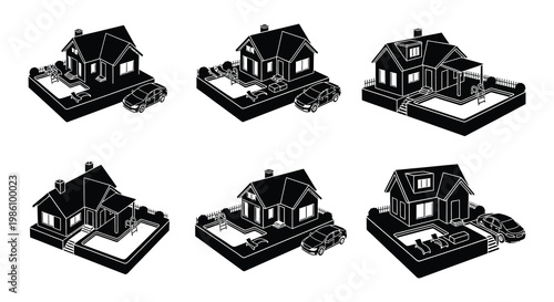 Isometric black and white illustrations of suburban houses with vehicles