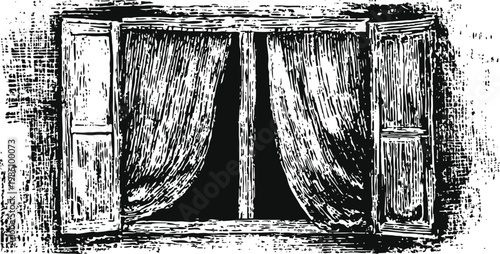 Vintage open window with shutters and curtains, antique wood frame sketch illustration