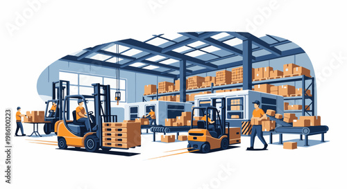 Warehouse operations with forklifts and workers moving boxes