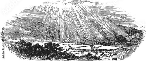Sun rays streaming through cloudy sky over mountainous landscape with trees and fields
