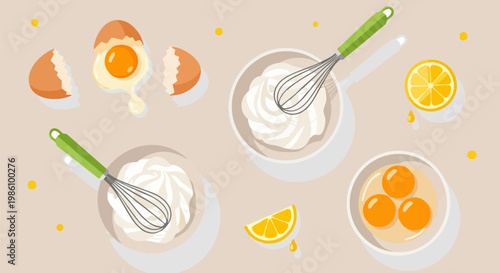 Baking ingredients flat vector illustration, whisking cream in bowls with fresh eggs and lemon, culinary preparation for pastry and desserts