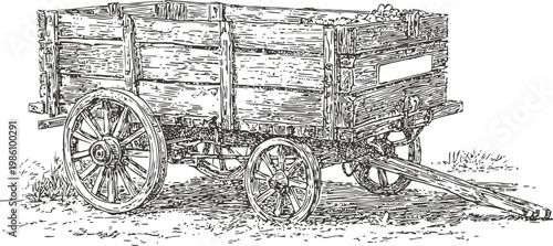 vintage wooden farm wagon with large spoked wheels detailed hand drawn illustration