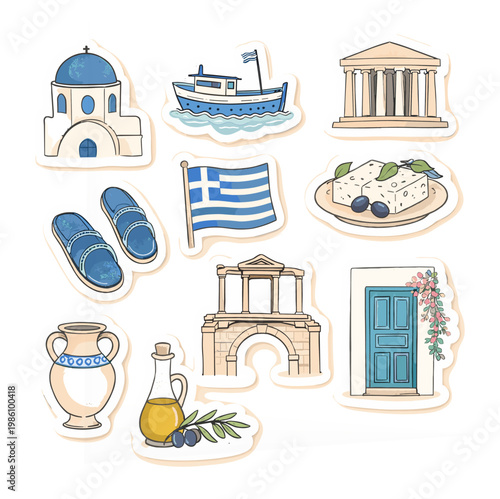 Greece Travel Sticker Set – Hand Drawn Mediterranean Icons with Landmarks, Food and Cultural Symbols