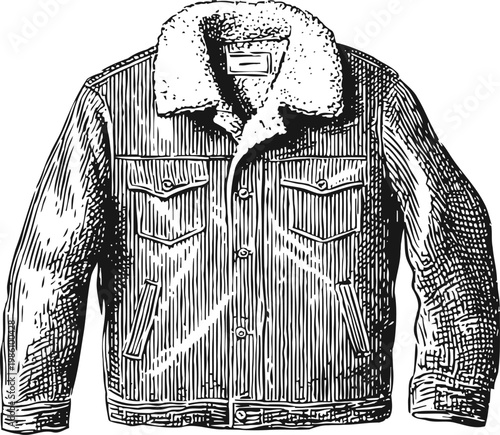 Vintage denim jacket with shearling collar and button closure, winter outerwear illustration