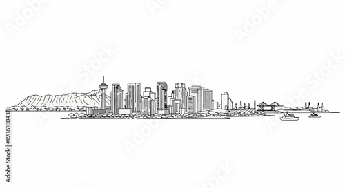 A detailed line drawing depicts a city skyline with mountains and ships