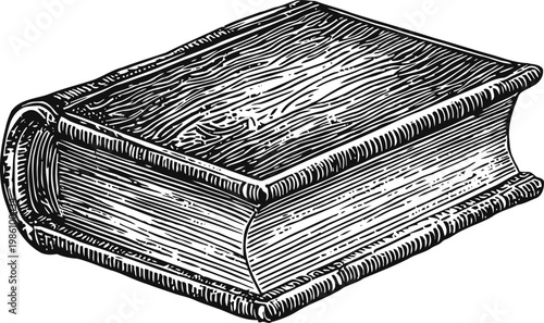 Old closed book with detailed textured cover and visible thick pages vintage engraving illustration