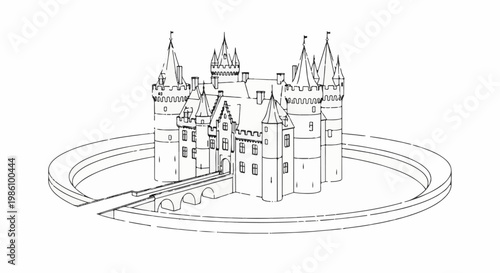 A detailed line drawing of a grand castle surrounded by a moat and accessed by a bridge