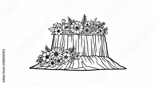A detailed black and white illustration of a tree stump adorned with blooming flowers