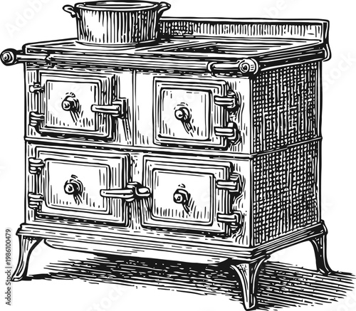 Vintage wood burning stove with four doors and pot on top, classic kitchen appliance engraving