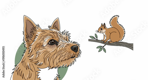 A cartoon dog looks with curiosity at a squirrel on a tree branch