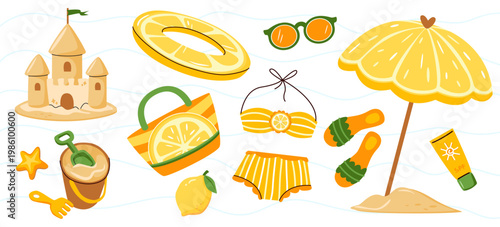 Summer beach accessories set with lemon pattern. Yellow swimsuit, flip flops, sunscreen, bucket toys and umbrella. Cute vacation vector illustration 