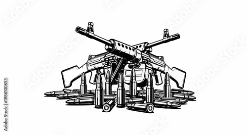 Two crossed machine guns with a pile of bullets in the foreground