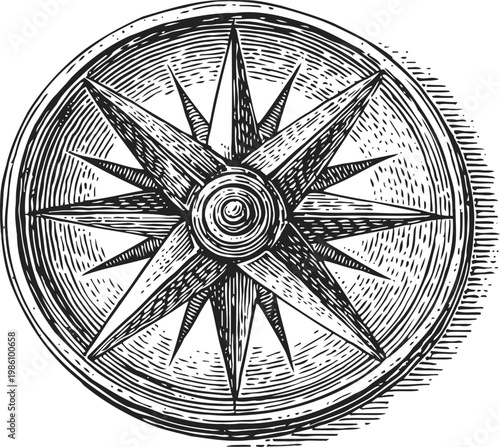 Vintage compass rose illustration with detailed engraved design and directional points