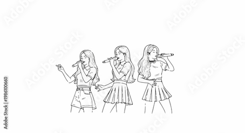 Three young women singing into microphones, dressed in casual outfits
