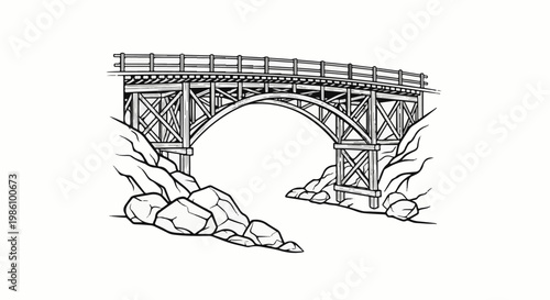 Wooden trestle bridge arching over rocky terrain